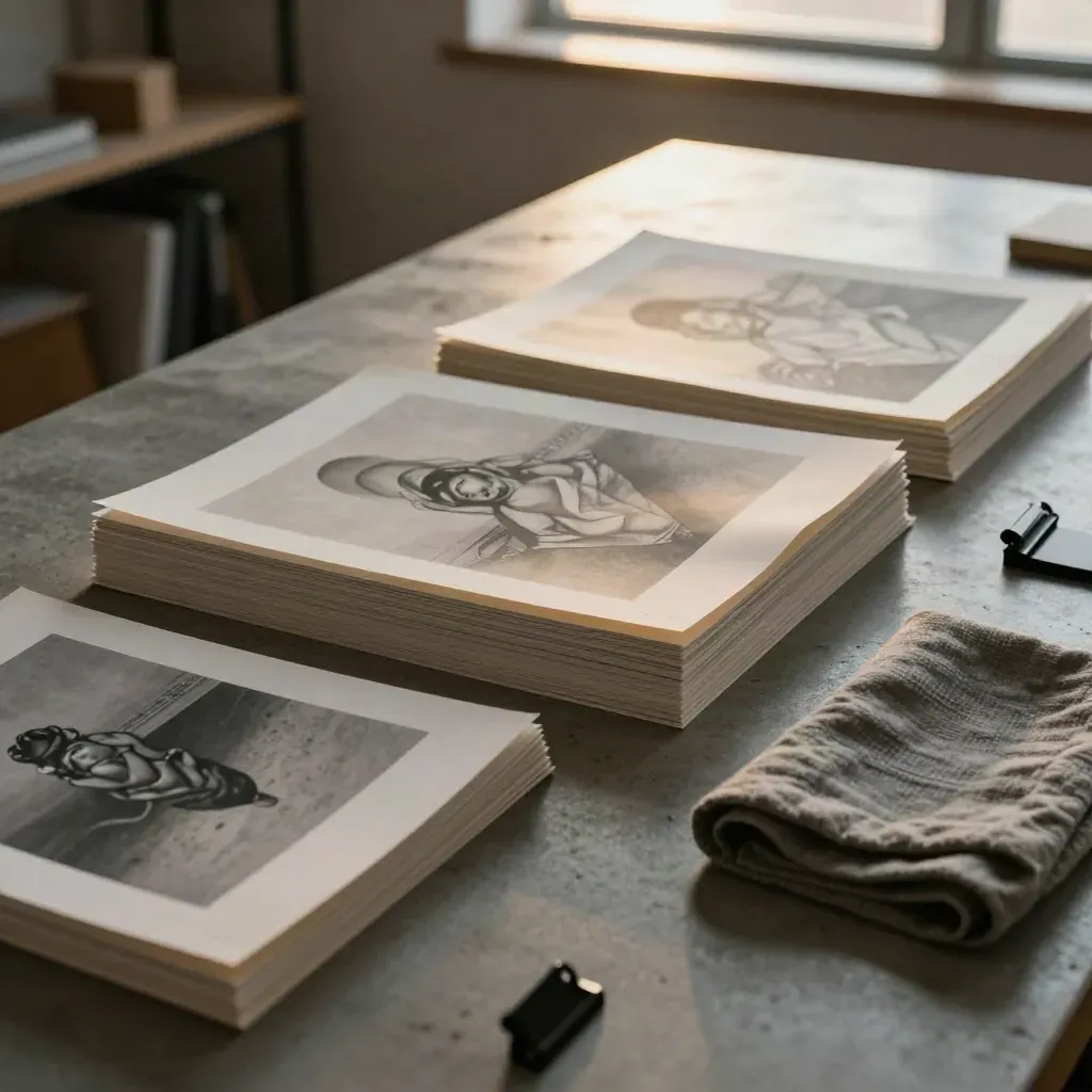 Crop proofs, folded cloth, and matte black clip on a concrete studio table under window light.