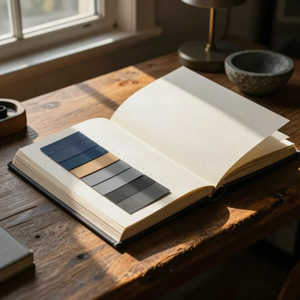 Open style guide binder with tabs, color chips, and a stone bowl on a dark bench in warm studio light.