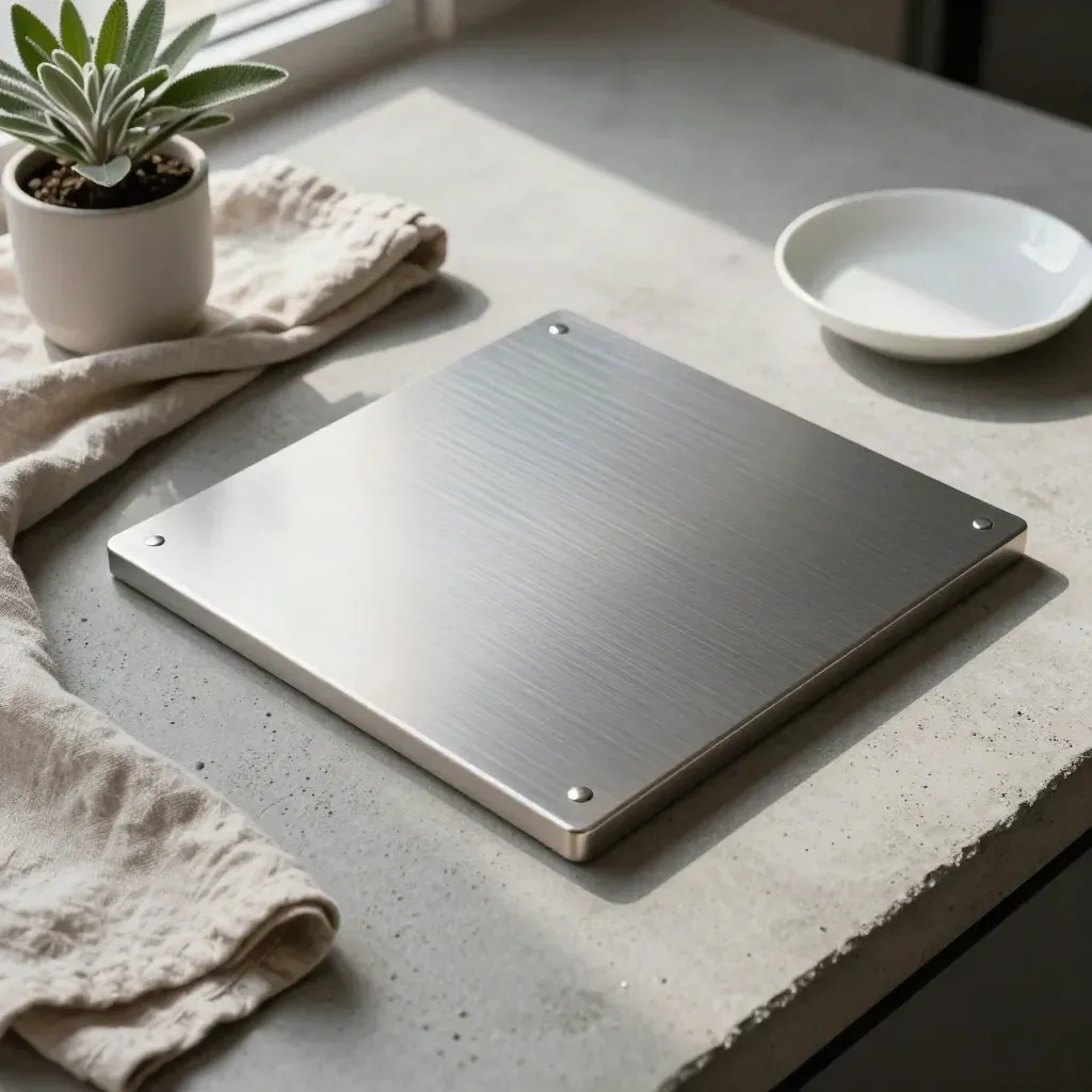 Brushed aluminum alignment plate with linen cloth, plant and ceramic dish on concrete.