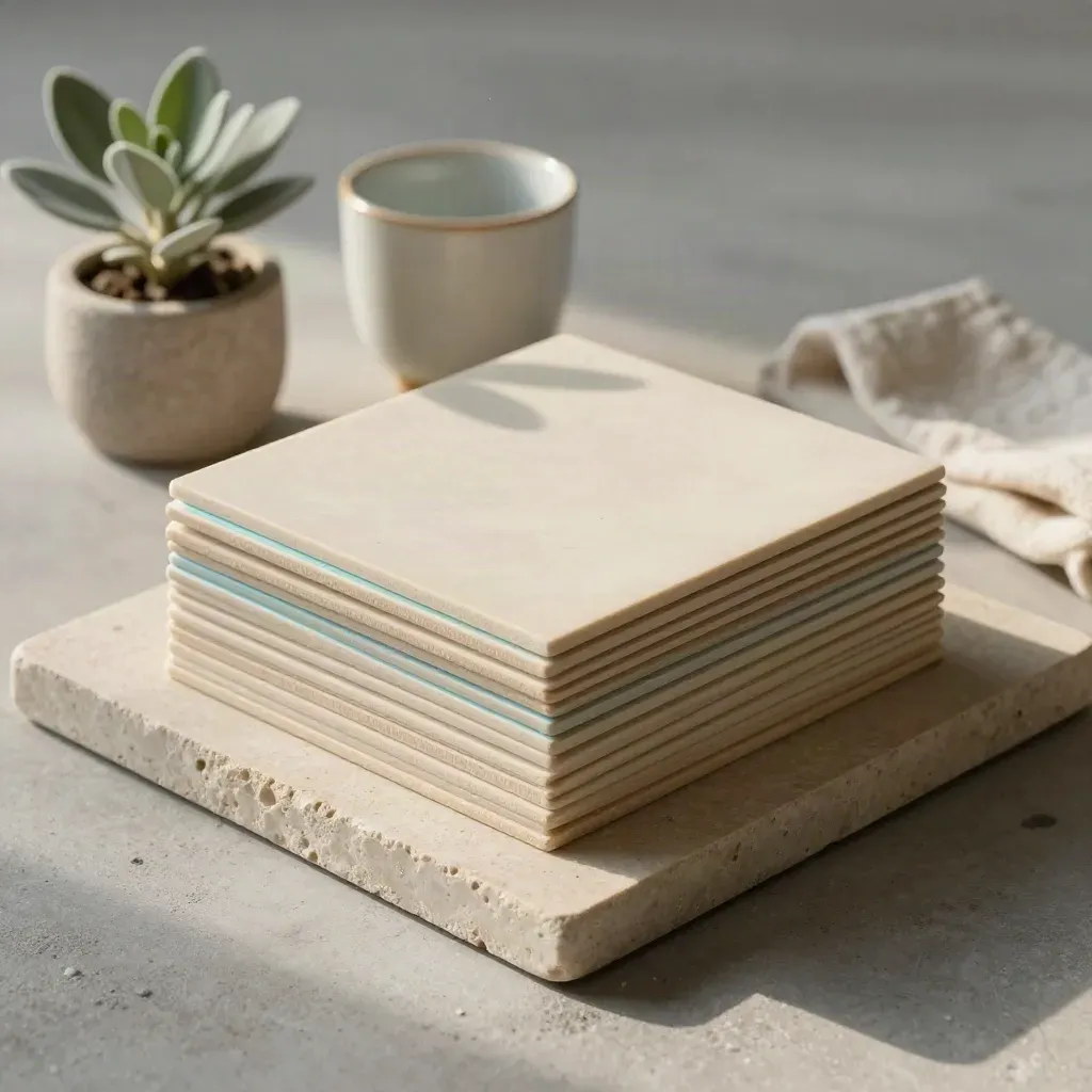 Ivory page tiles on a limestone tray with a plant and ceramic cup in soft daylight