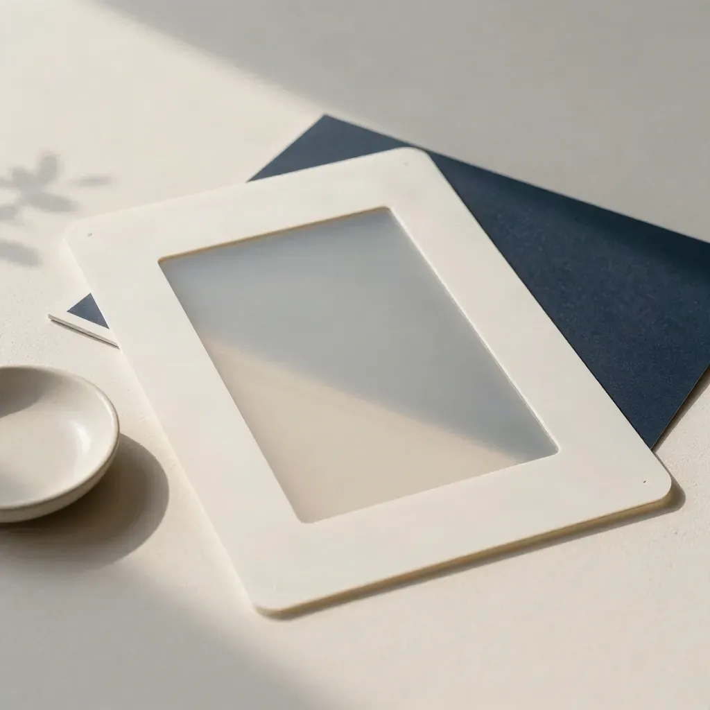 Contact-sheet proof board with acetate window, clip corners, dish and plant shadow.