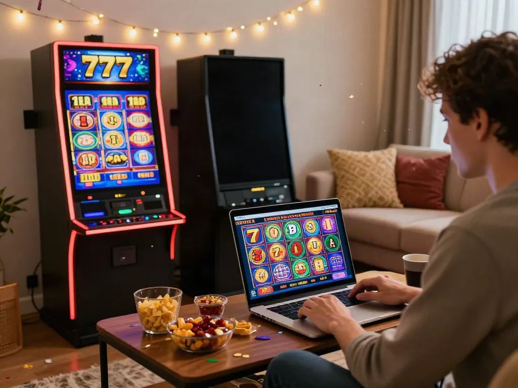 Pemain yang meraih kemenangan di slot777 dengan suasana ceria di ruang tamu yang nyaman
