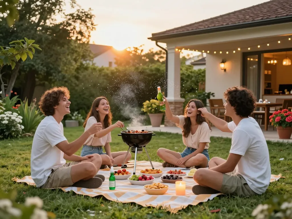 Group enjoying a barbecue outdoors with mosquito repellent sprays and citronella candles for protection.