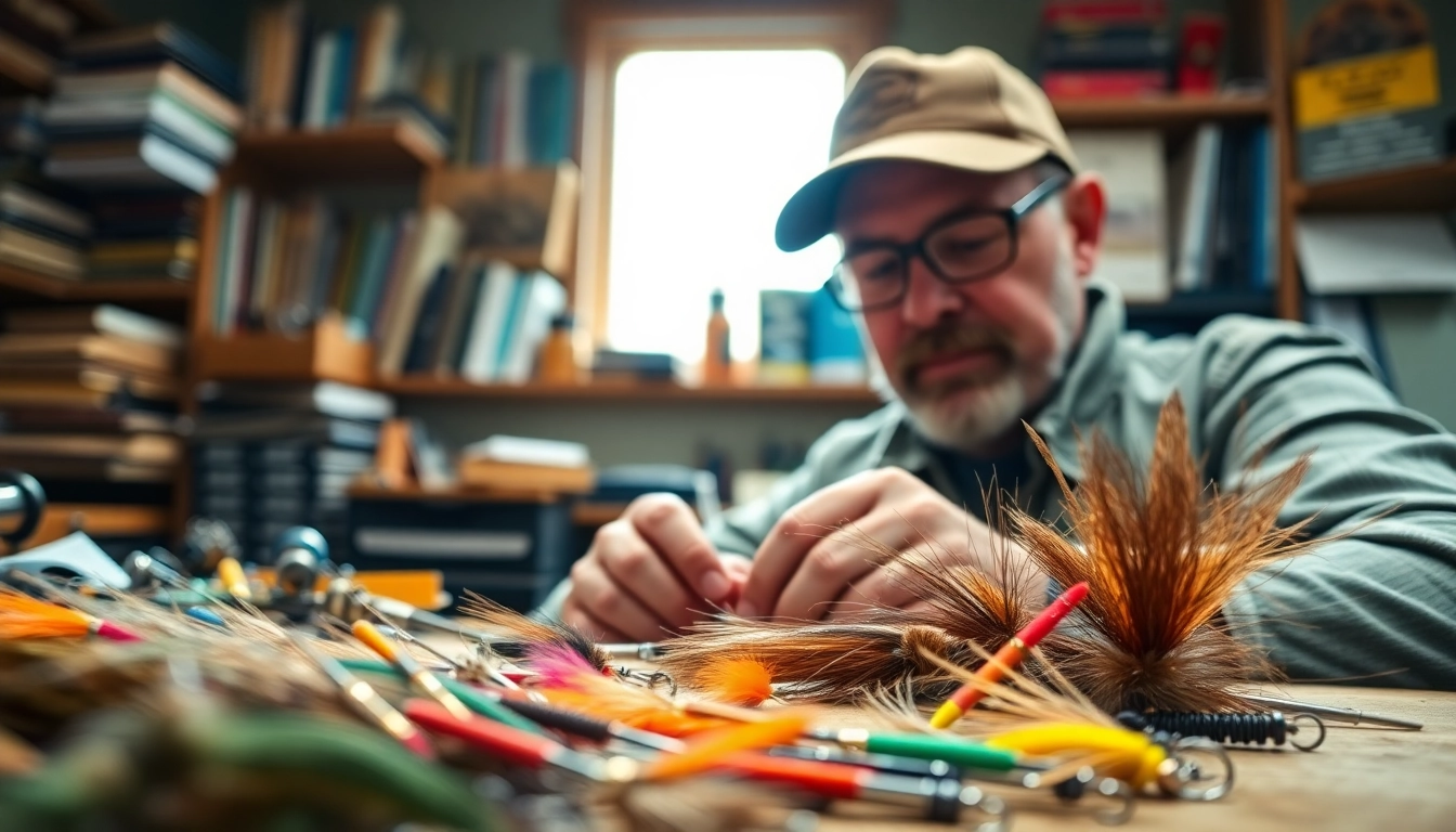 Engaging fly tying setup with vibrant materials and tools, showcasing the craft of creating fishing flies.