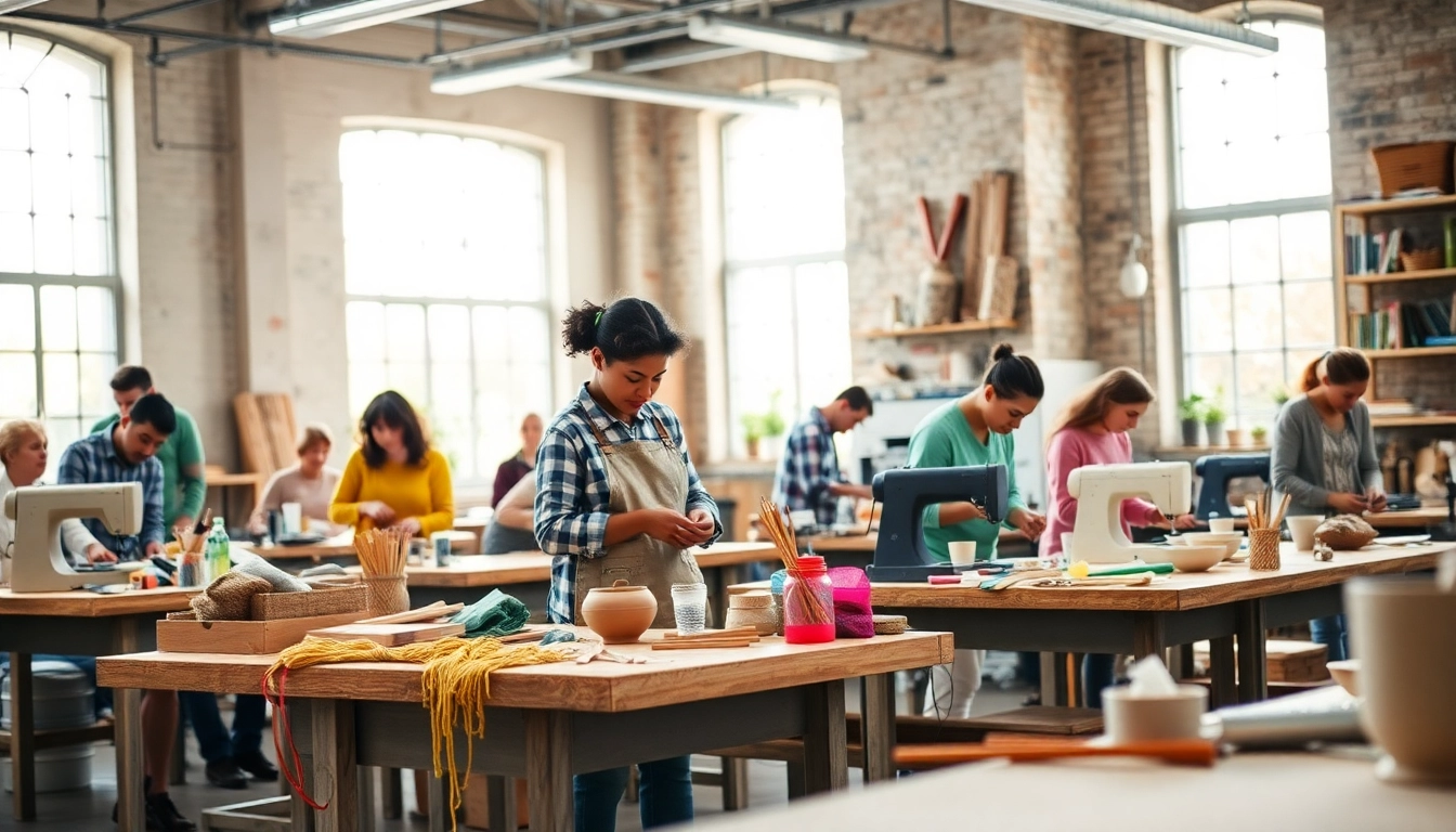 Engage in craft training programs with diverse individuals creating in a vibrant workshop.