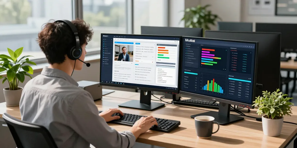 Detect AI images in a modern workspace where an analyst reviews flagged content on dual monitors.