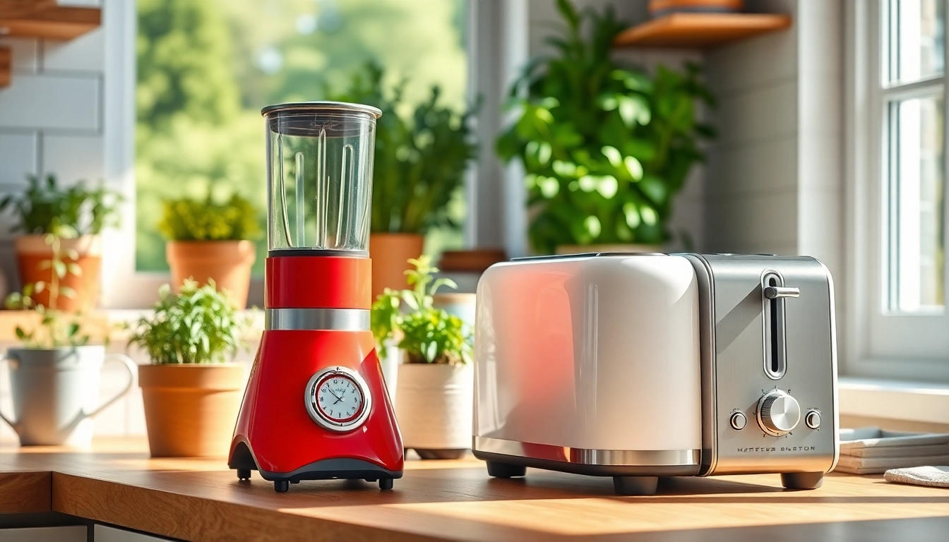 Showcase of affordable appliances in a well-lit, modern kitchen setting with vibrant colors.