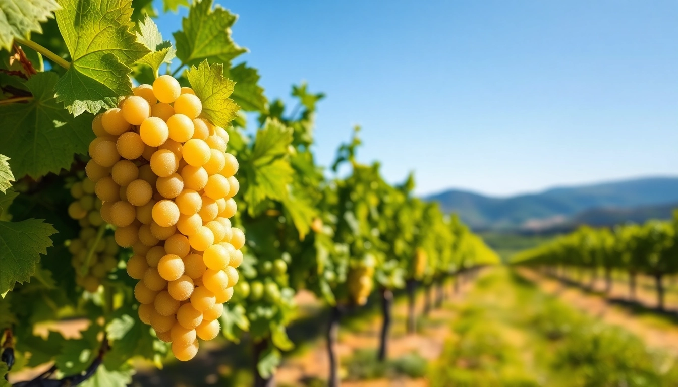 Harvesting Chenin Blanc grapes in a vibrant vineyard under a sunny sky.