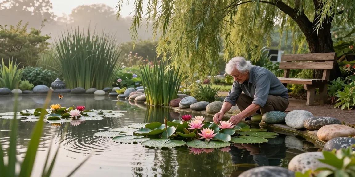 British Pond Plants flourishing in a tranquil garden pond at dawn, showcasing vibrant water lilies and peaceful surroundings.
