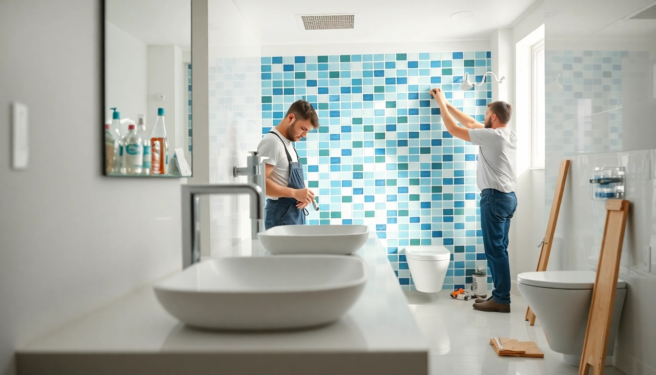 Skilled bathroom remodelers enhancing a vibrant, modern bathroom space.