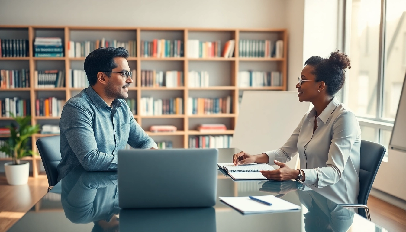 Business coach near me consulting with a client in a bright, professional office setting.