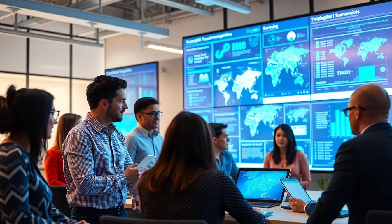Team discussing digital transformation services with technology displays, showcasing collaboration and innovation.