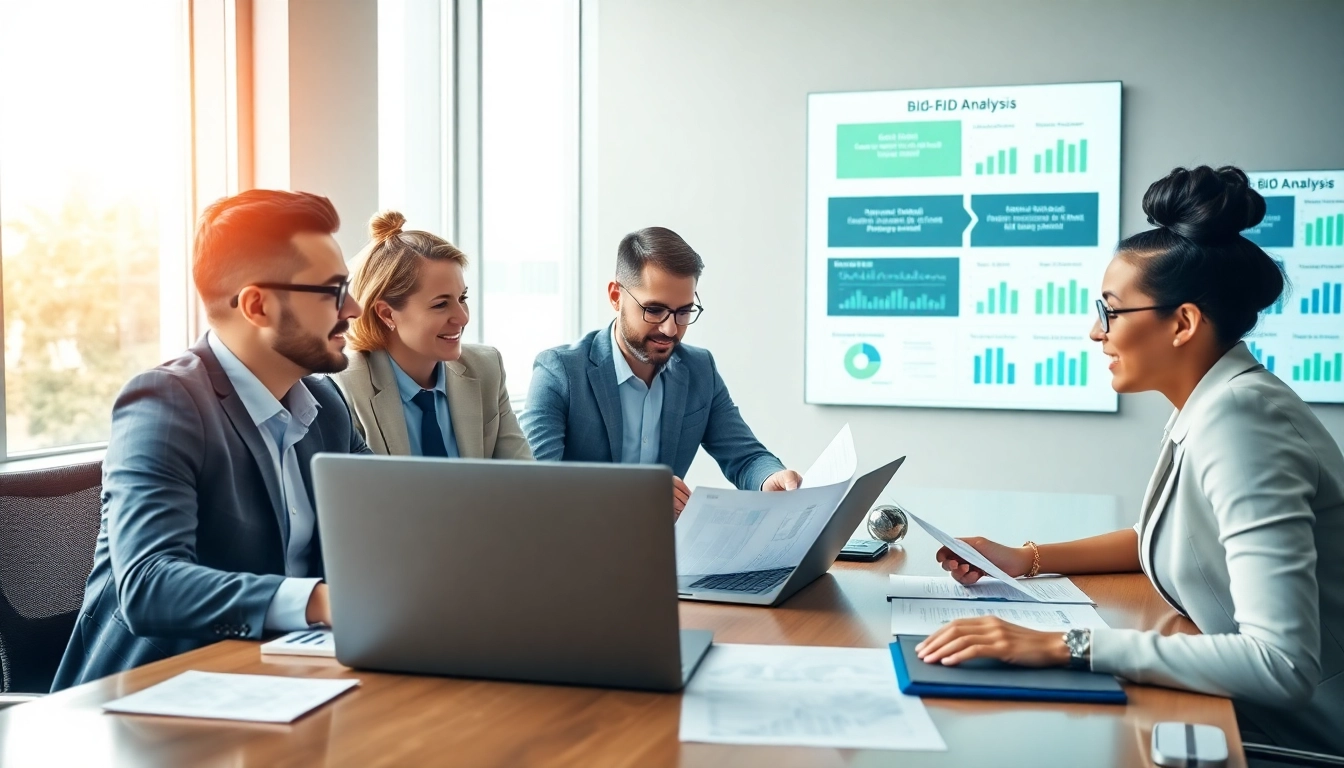 Engaged team conducting a Bid-No-Bid Analysis in a professional setting.