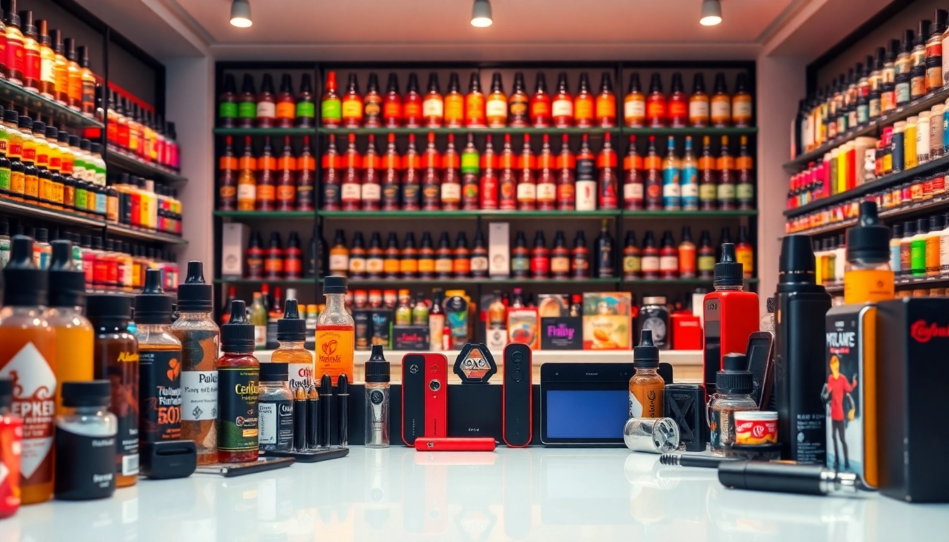 A vibrant display of vape products at Vape Juice Depot showcasing colorful vape juices and devices.