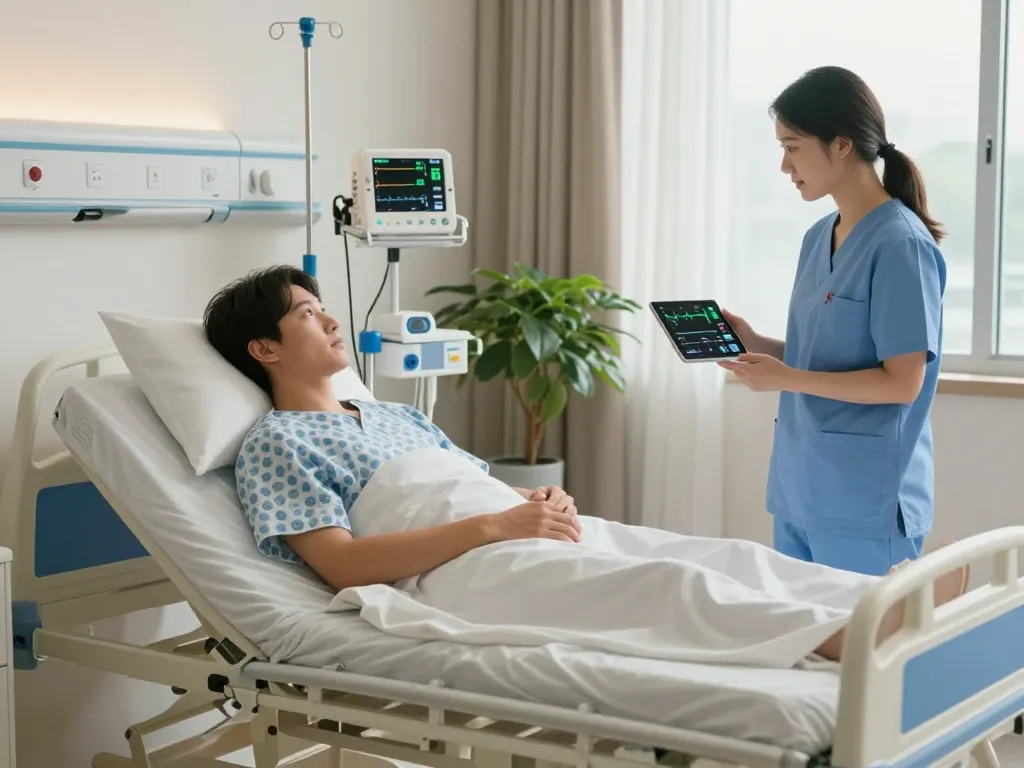 Modern giường bệnh nhân in a serene hospital room with caregiver monitoring health.