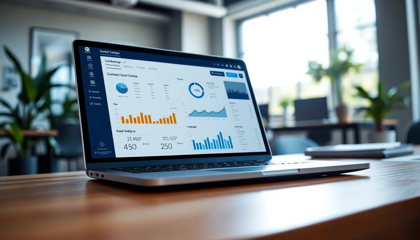 Visualize Contract Management. software analysis on a professional laptop in a modern office.