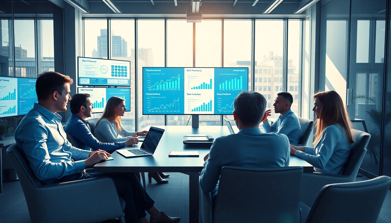 Visualize a professional team analyzing SEO performance metrics in a modern office.