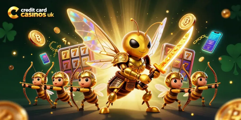 Engage with credit card casinos uk through a vibrant scene showcasing slots and crypto elements.