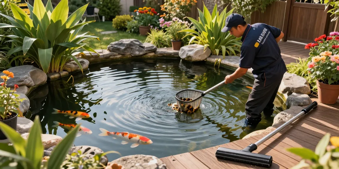 Pond Cleaning London scene showing technician cleaning a tranquil backyard pond, enhancing water clarity and aquatic life.