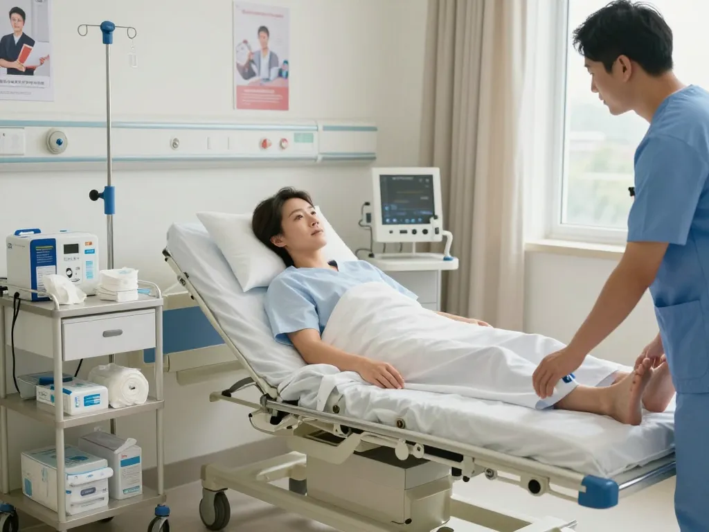 Modern medical bed providing comfort to a patient in a serene health care environment