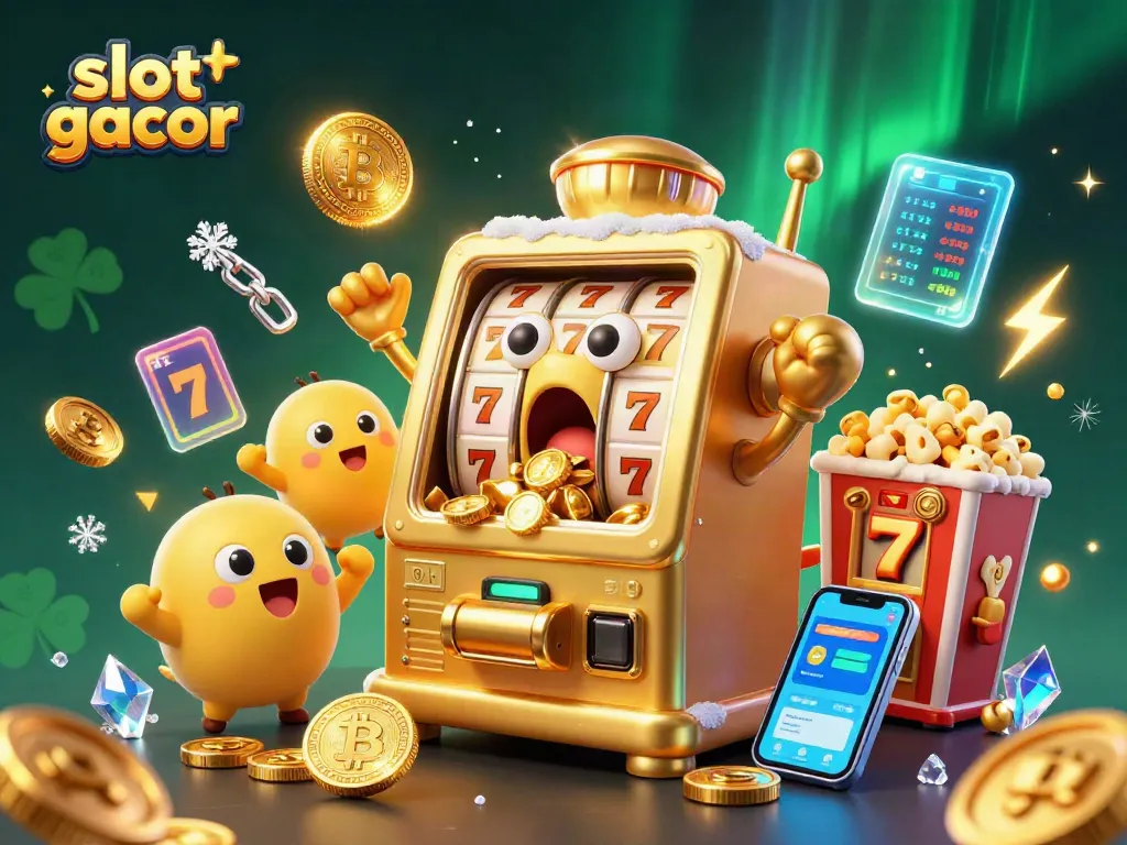 Experience slot gacor with a joyous golden slot machine celebrating its jackpot amid a vibrant casino scene.