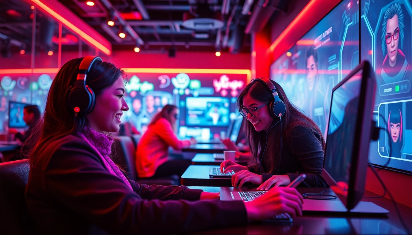 Engaging scene of adults in a modern cyber café using nsfw chat ai in an interactive digital environment.