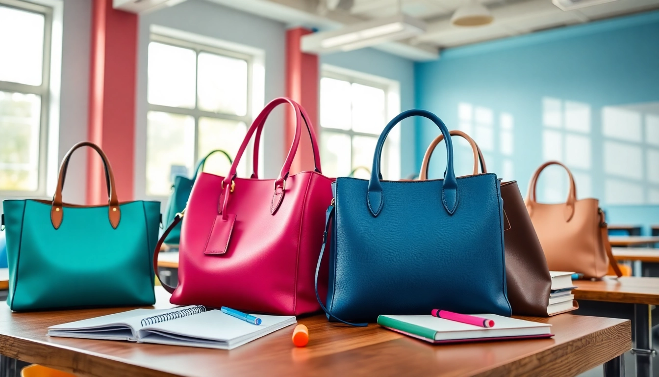 Stylish Handtasche für Schulen auf einem Schreibtisch in einem modernen Klassenzimmer.