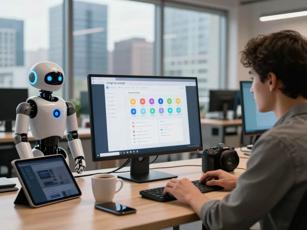 AI tool generating image to prompt content in a modern workspace with dynamic tech elements.