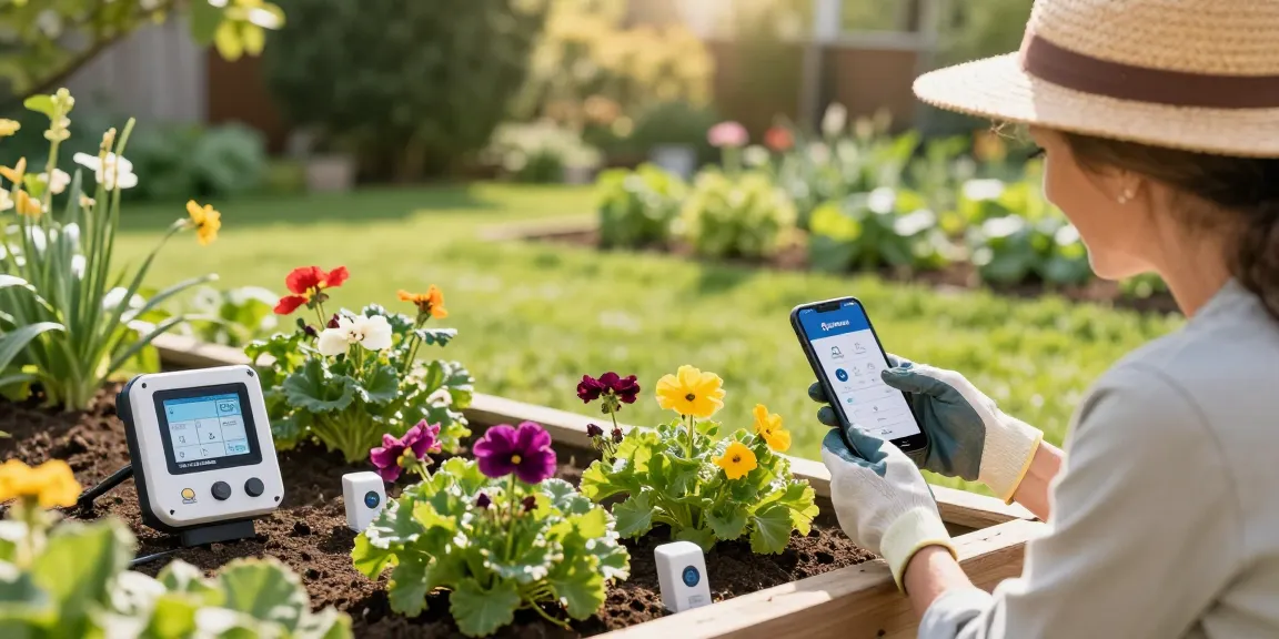 Gardener adjusting RainPoint Irrigation Controllers in a vibrant garden.