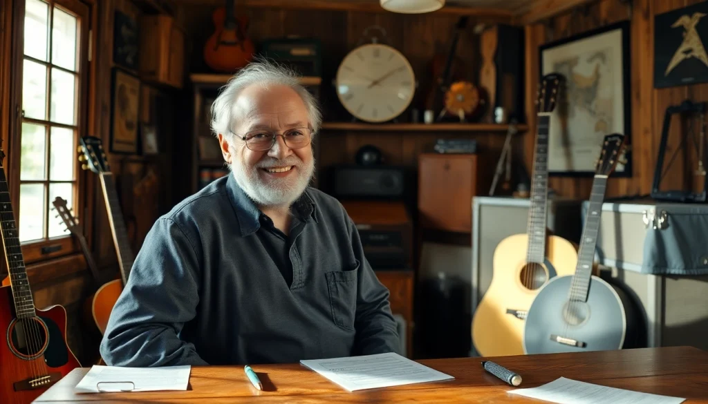Leroy Silver smiling in a rustic music studio, surrounded by vintage instruments.