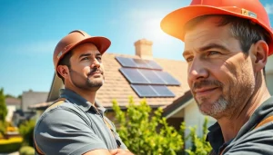 Showcase reliable roofing services through a contractor inspecting a residential roof with solar panels.