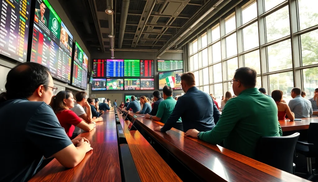 Engaged bettors at a vibrant sportsbook representing sports betting Mexico.
