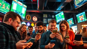 Engaged bettors exploring sports betting sites India in a lively sports bar atmosphere.
