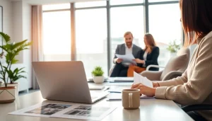 Real Estate agent consulting clients in a modern office with natural light.