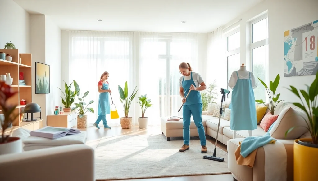 Highlighting a cleaning service in action, showcasing team diligence in a brightly lit room.