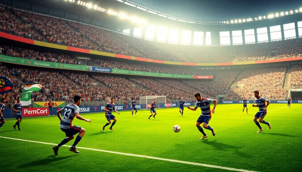 축구중계의 열기가 가득한 경기장에서 선수들이 경합하는 모습