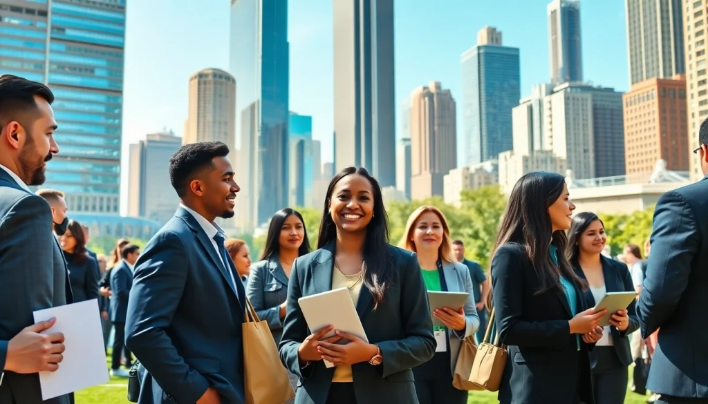 Find job in Chicago opportunities at a bustling job fair with diverse professionals.