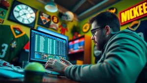 Engaging scene of online sports betting Oklahoma enthusiast working on a laptop with sports memorabilia.
