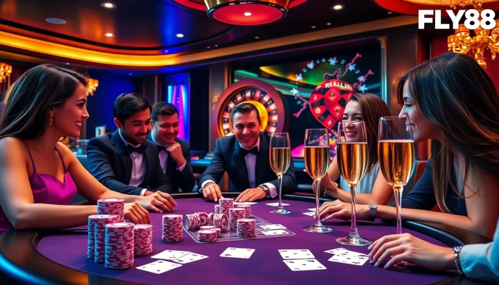 Experience high-stakes poker action at FLY88 with vibrant casino ambiance and luxurious elements.