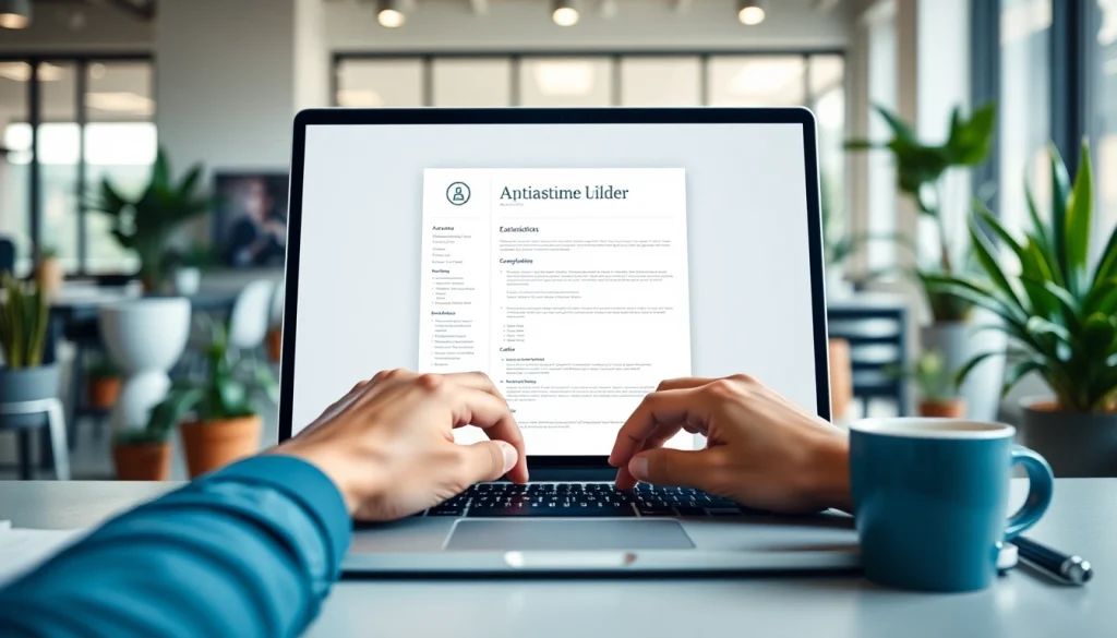 Engaging visual of a Resume Builder in action with a laptop and hands typing in a professional workspace.