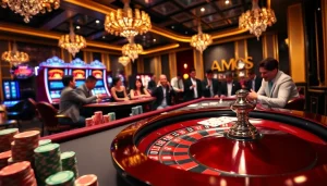 Players enjoying lively roulette action at https://jun88buzz.info/ with vibrant casino decor and excitement.
