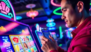 Menampilkan slot deposit pulsa dengan suasana kasino yang ceria dan pemain yang fokus.