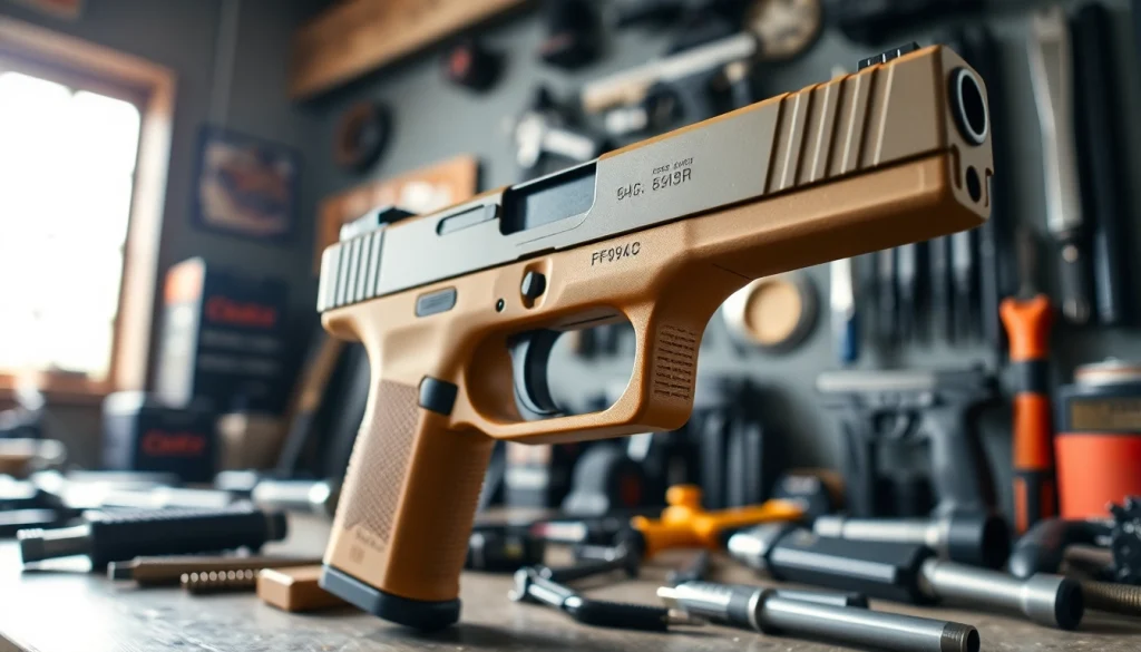 Custom Glock 19 PF940C frame showcased in a workshop setting with tools in view.