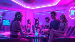 Engaging NSFW character AI avatars in a vibrant virtual lounge setting.