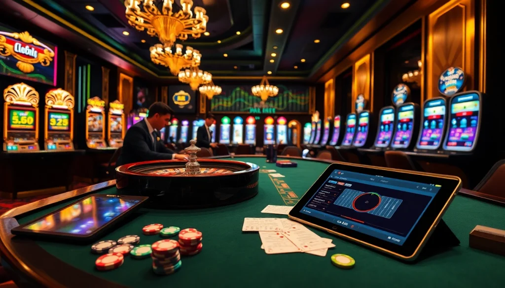 Engaging game scene featuring a professional casino with depo 5k betting options, showcasing vibrant slot machines and poker chips.