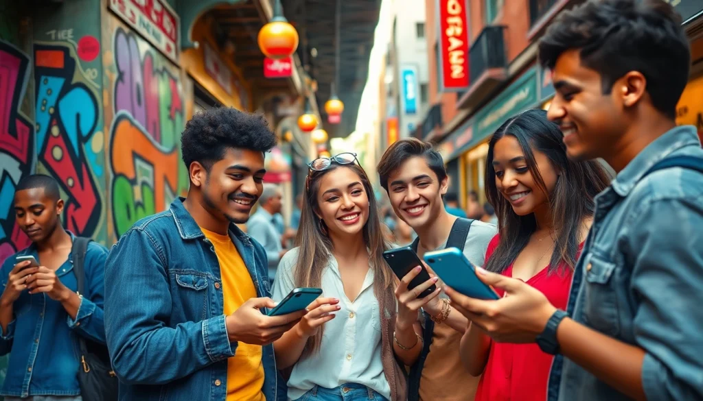 How to find OnlyFans girls near me in a vibrant urban setting with diverse young adults engaging over mobile devices.