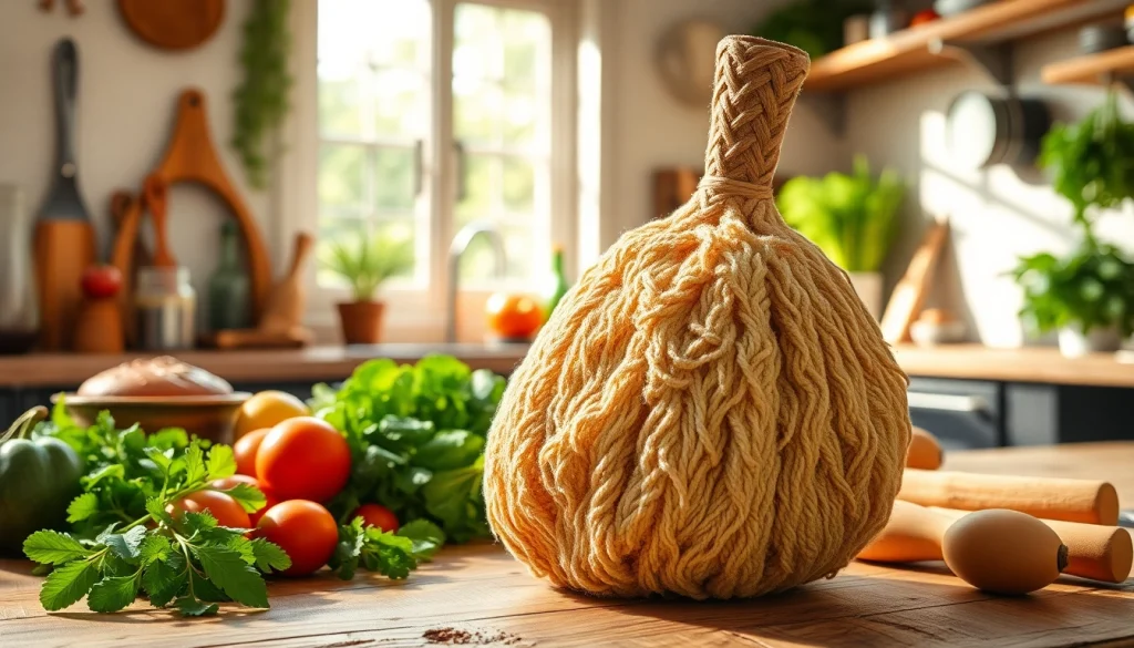 Kitchen loofah positioned next to fresh vegetables on a rustic kitchen counter.