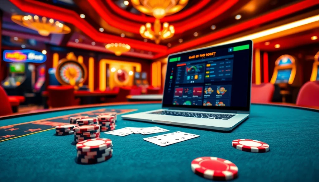 Sbobet online betting interface displayed on a stylish casino gaming laptop, surrounded by poker chips and cards.