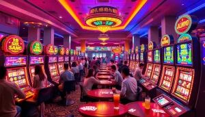 Experience the excitement of a mahjong slot demo with vibrant machines and engaged players at the casino.