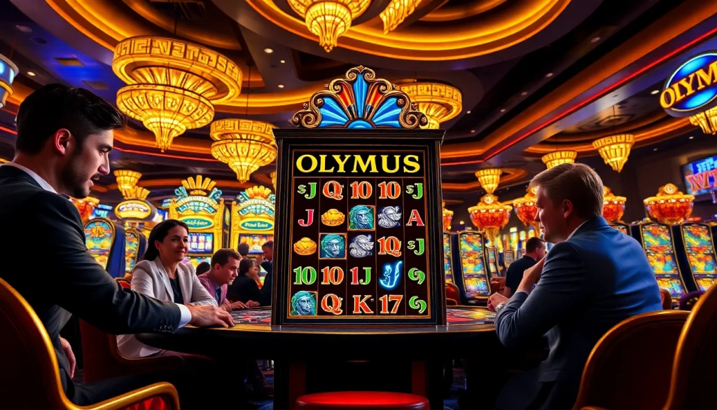 Para pemain yang antusias berinteraksi dengan mesin slot Olympus di kasino mewah.